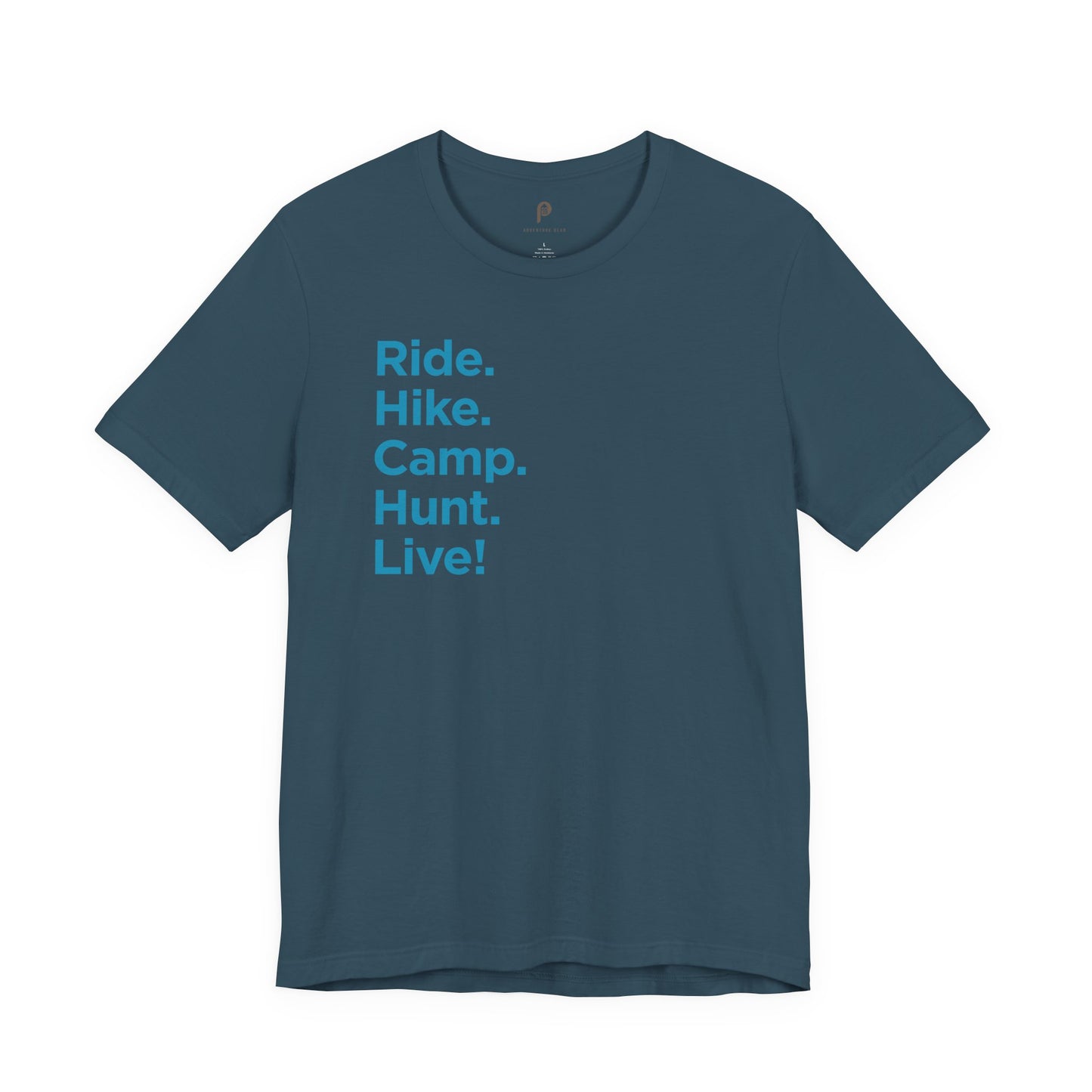 Unisex Adventure Gear Jersey Tee | Ride. Hike. Camp. Hunt. Live! | Blue