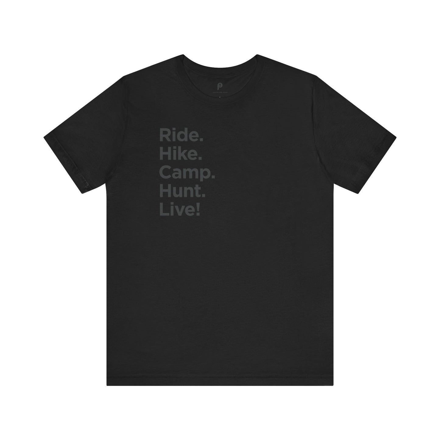 Unisex Adventure Gear Jersey Tee | Ride. Hike. Camp. Hunt. Live! | Black