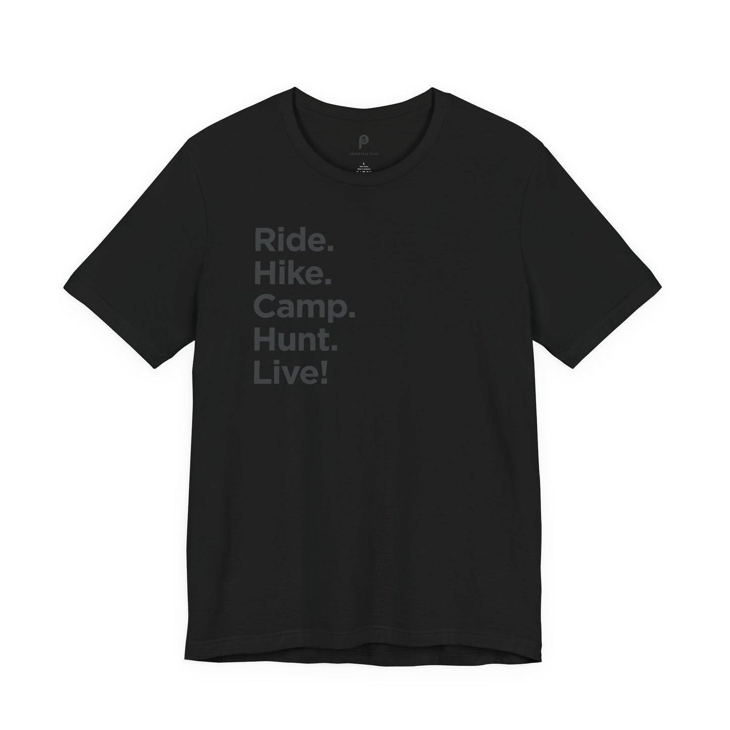 Unisex Adventure Gear Jersey Tee | Ride. Hike. Camp. Hunt. Live! | Black